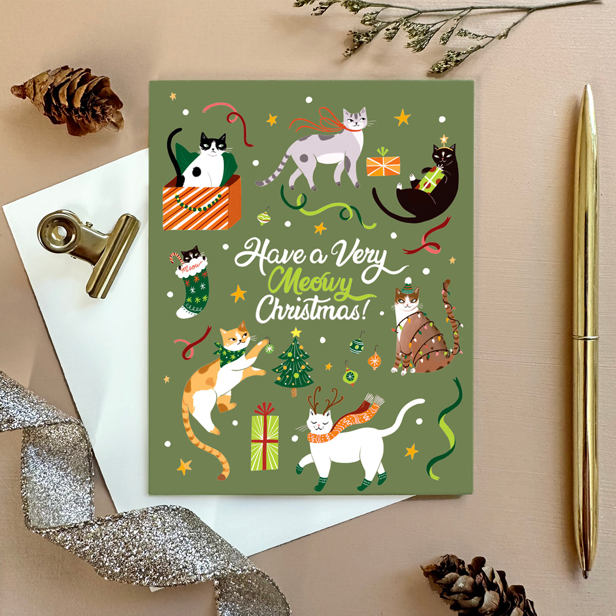 Meowy Christmas Holiday Cards & Enamel Pin Set by Night Owl Paper Goods